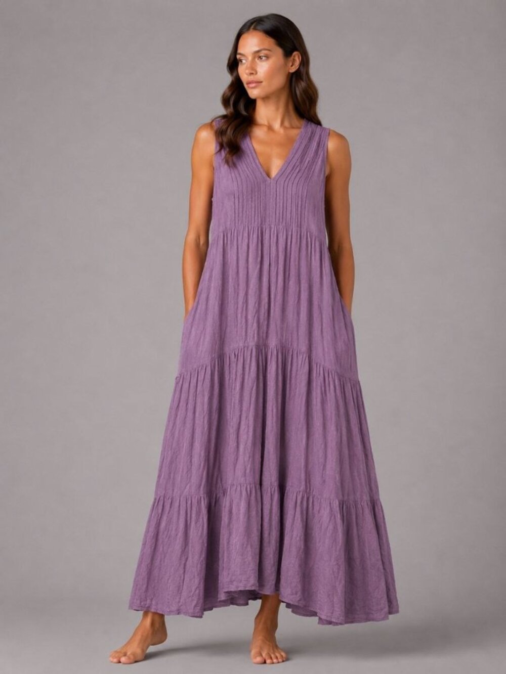 NEW Women’s Boho 100% Cotton Maxi Dress Lavender Lined V-Neck Pockets One Size
